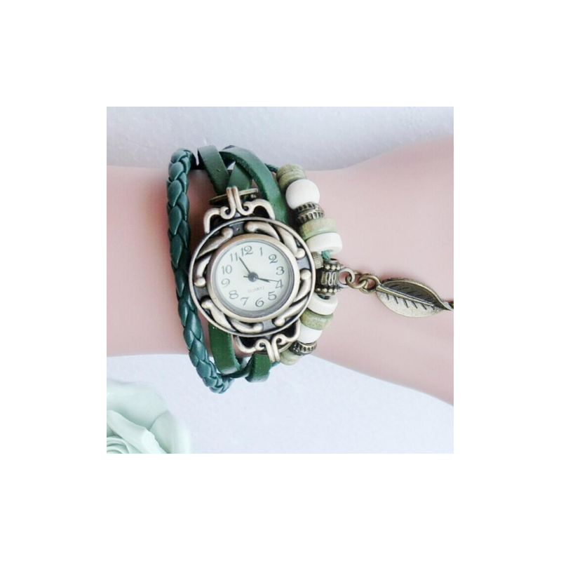 Retro Quartz Horloge / Armband van leer in het Groen
