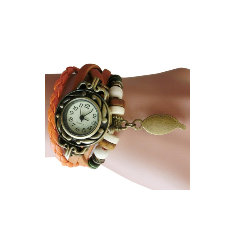 Armband Horloge Retro Quartz van leer in het Oranje