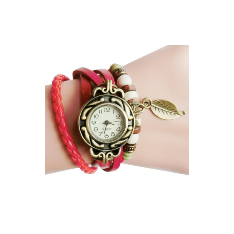 Armband Horloge Retro Quartz van leer in het Rood
